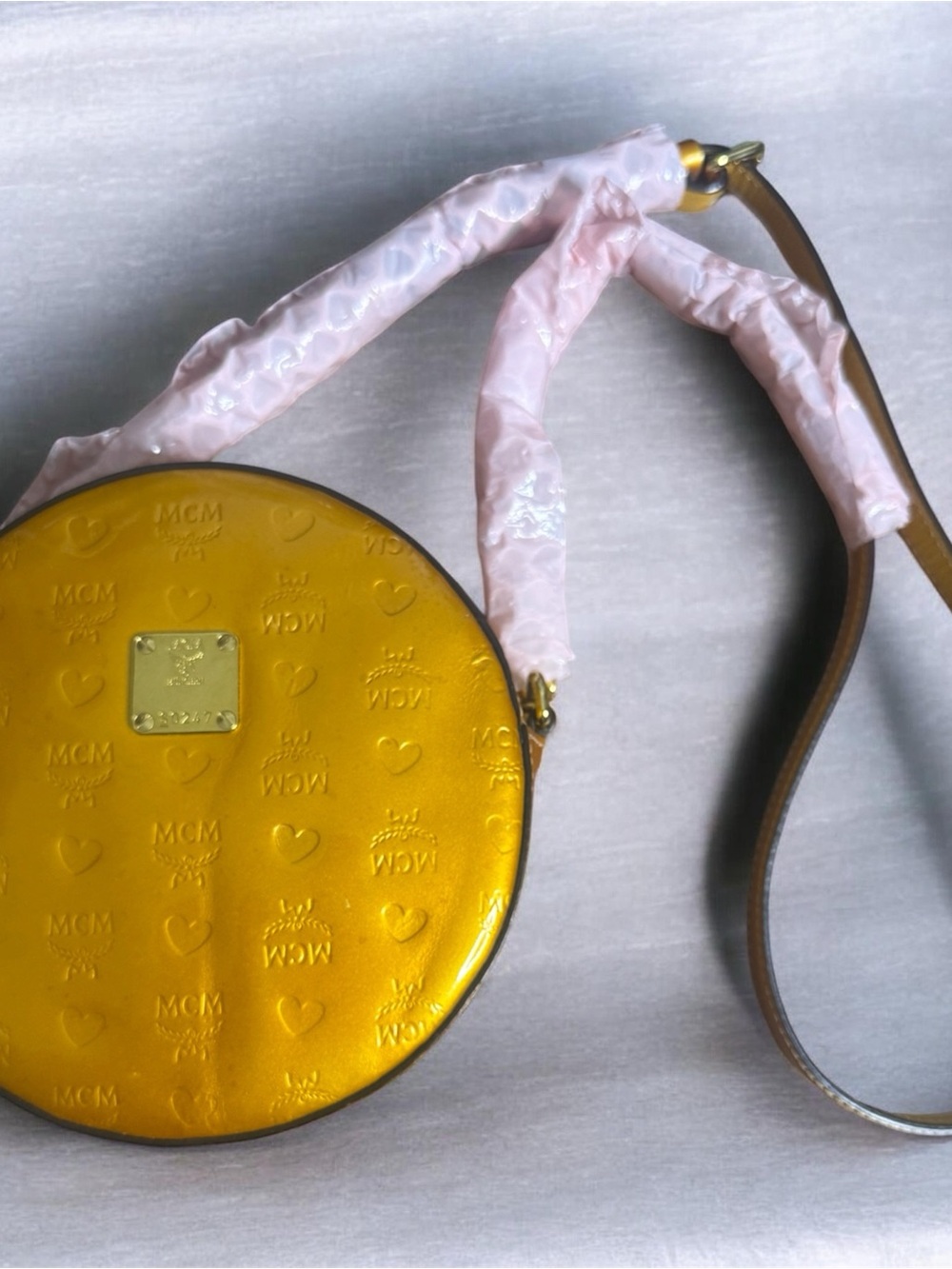 MCM Metallic Gold Round Crossbody with Pink Strap Wrap